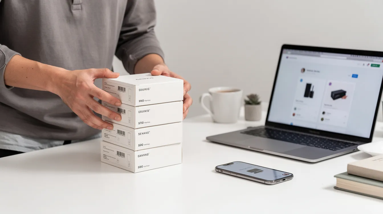 A person is seen arranging product boxes next to a laptop and smartphone, suggesting a focus on e-commerce and digital marketing for small business owners. The scene implies the use of a website builder to create an online store, highlighting the importance of user-friendly design and effective marketing tools for business growth.