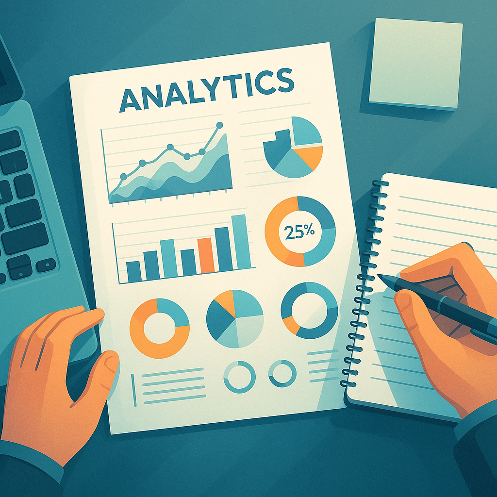 Person analyzing analytics charts on paper with laptop and notepad.