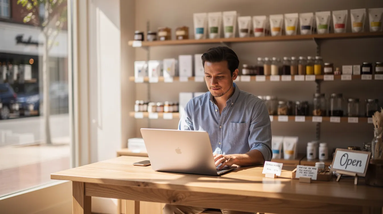 Person working on a laptop at a wooden table in a small shop or café, with shelves of products behind them.