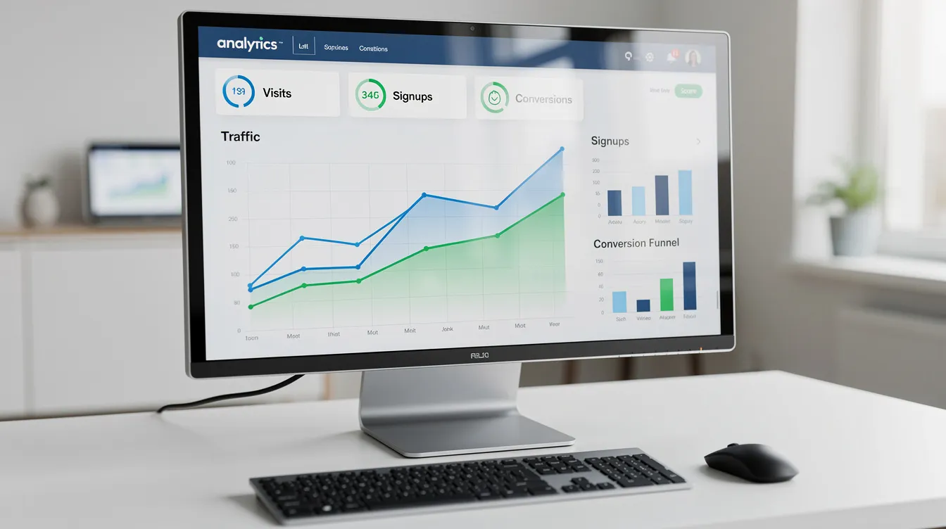 An office monitor brightly displays an analytics dashboard featuring various traffic graphs and conversion metrics, illustrating key performance indicators for startups and businesses. This visual representation aids teams in understanding user engagement and optimizing their strategies for future growth.