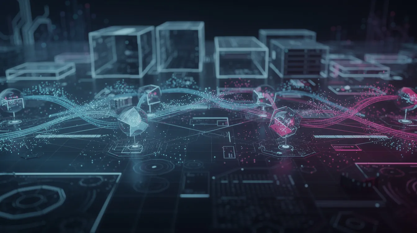 The image depicts an abstract visualization of data flowing through interconnected nodes and systems, symbolizing the complex processes involved in data analysis and data management. It illustrates how data scientists and data analysts utilize various data visualization tools and analytics platforms to transform raw data into valuable insights through advanced analytics and machine learning algorithms.