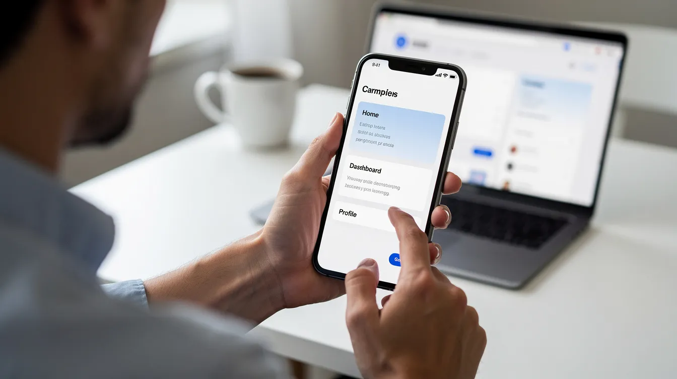A person is holding a smartphone and interacting with a clean, modern website interface that showcases effective user interface design. The visual elements and layout are optimized for mobile devices, highlighting the importance of responsive web design in the web development industry.