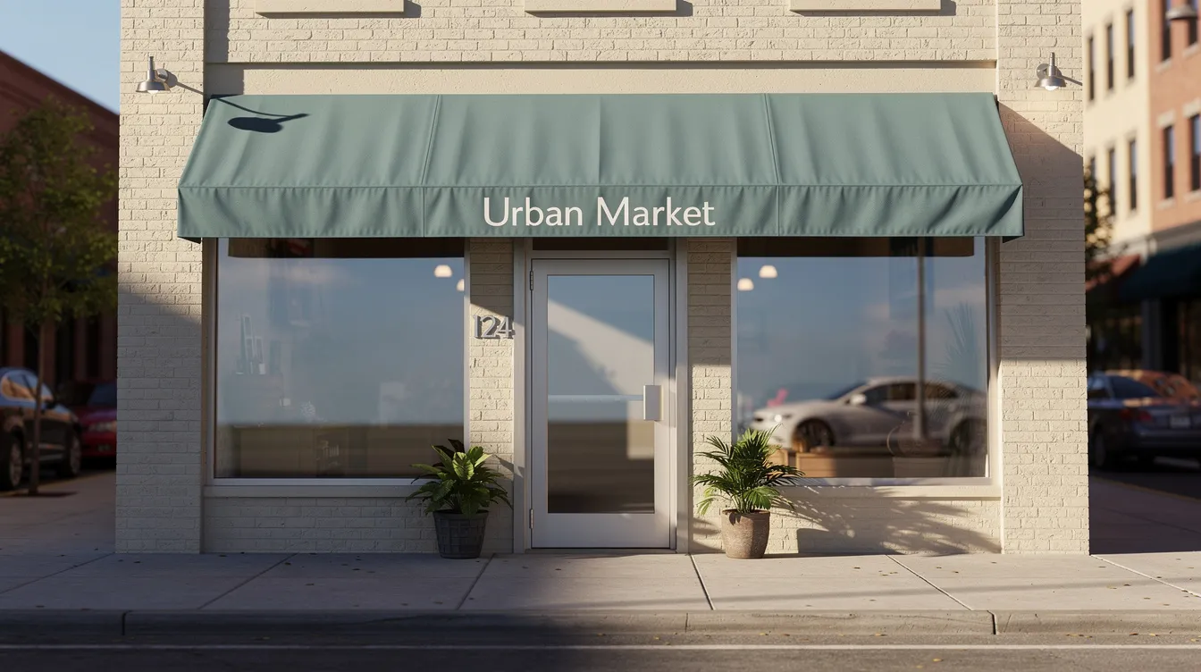 Urban Market storefront with green awning, glass door, and large display windows on a sunny street