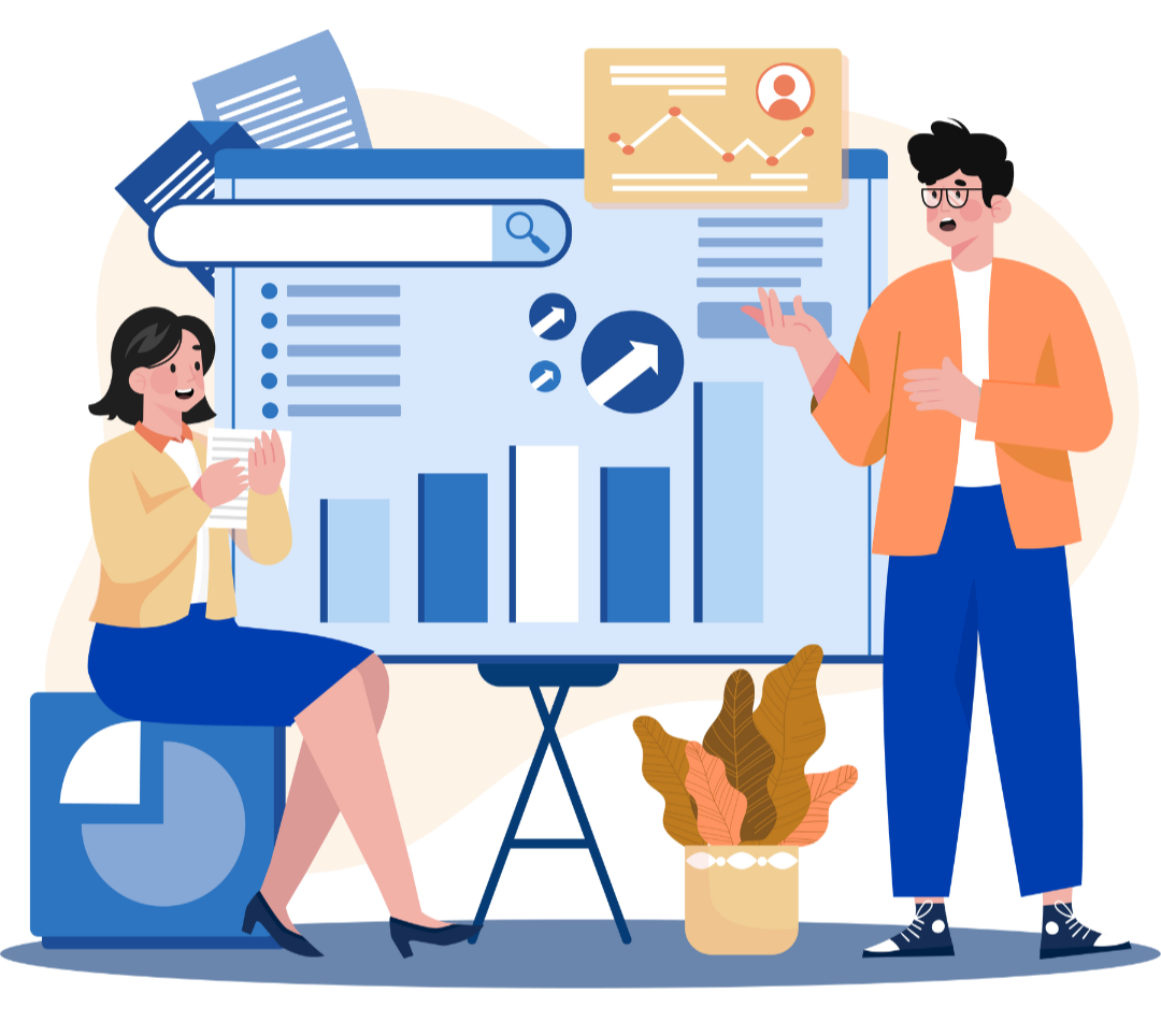 Two people analyzing data on a presentation board with graphs and charts, discussing business strategy.