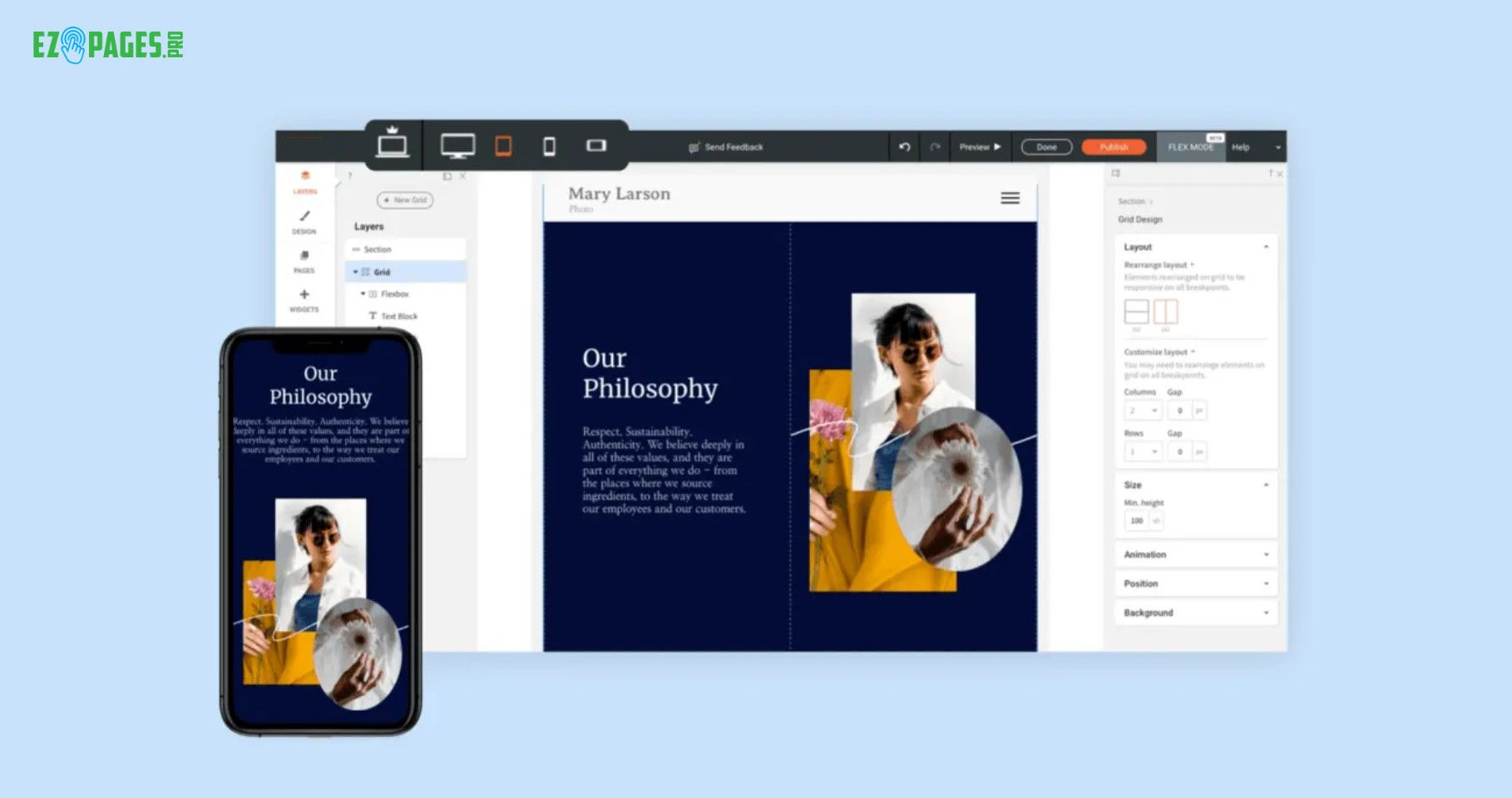 A website design interface showcasing a mobile phone and laptop with a dark blue and gold aesthetic.