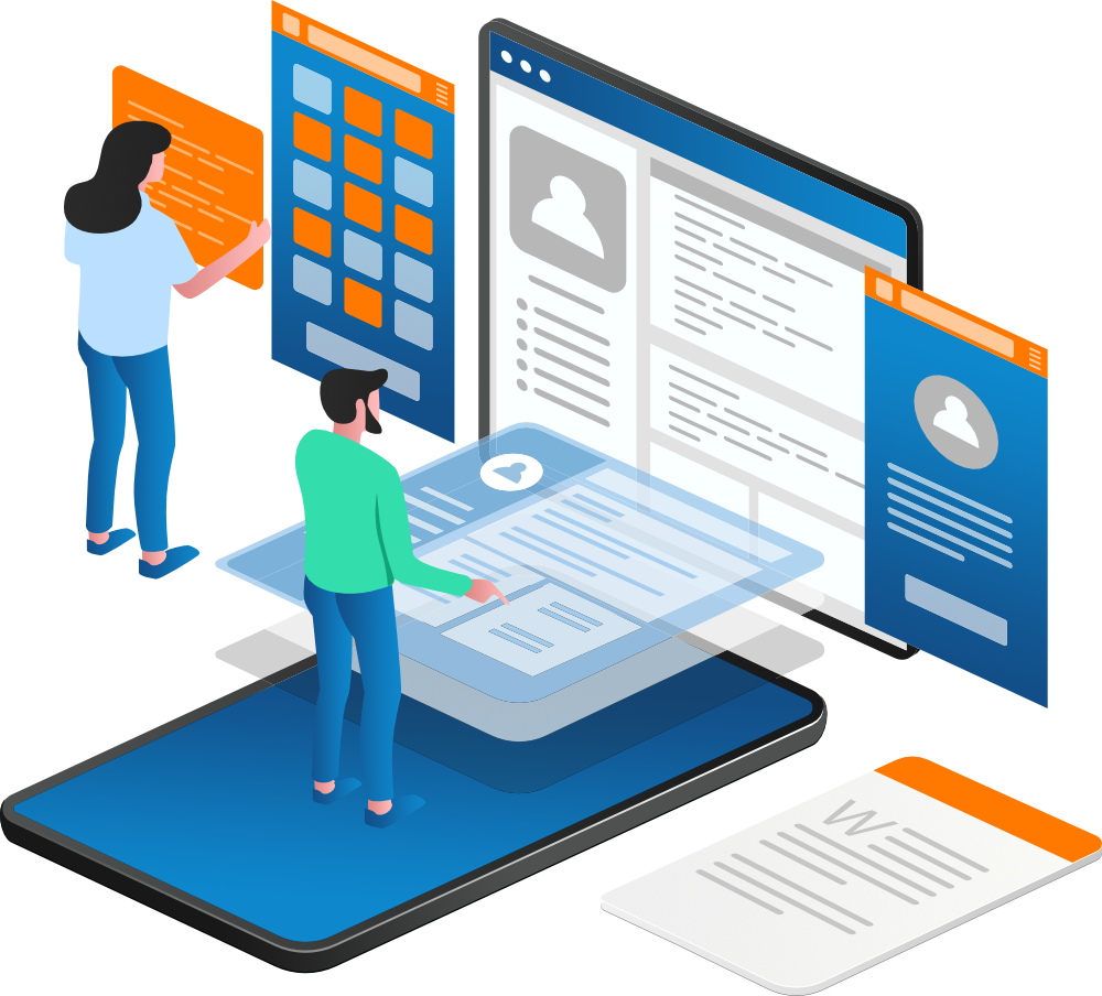 Two people interacting with digital interfaces on a phone; coding/design concept.