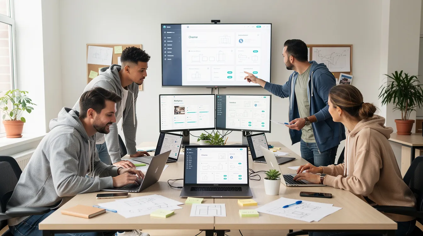 A diverse startup team collaborates in a bright, open office, gathered around screens displaying various website layouts, reflecting their innovative projects and the future of technology. The atmosphere is filled with energy as team members discuss strategies for creating accessible startup websites that cater to users' needs.