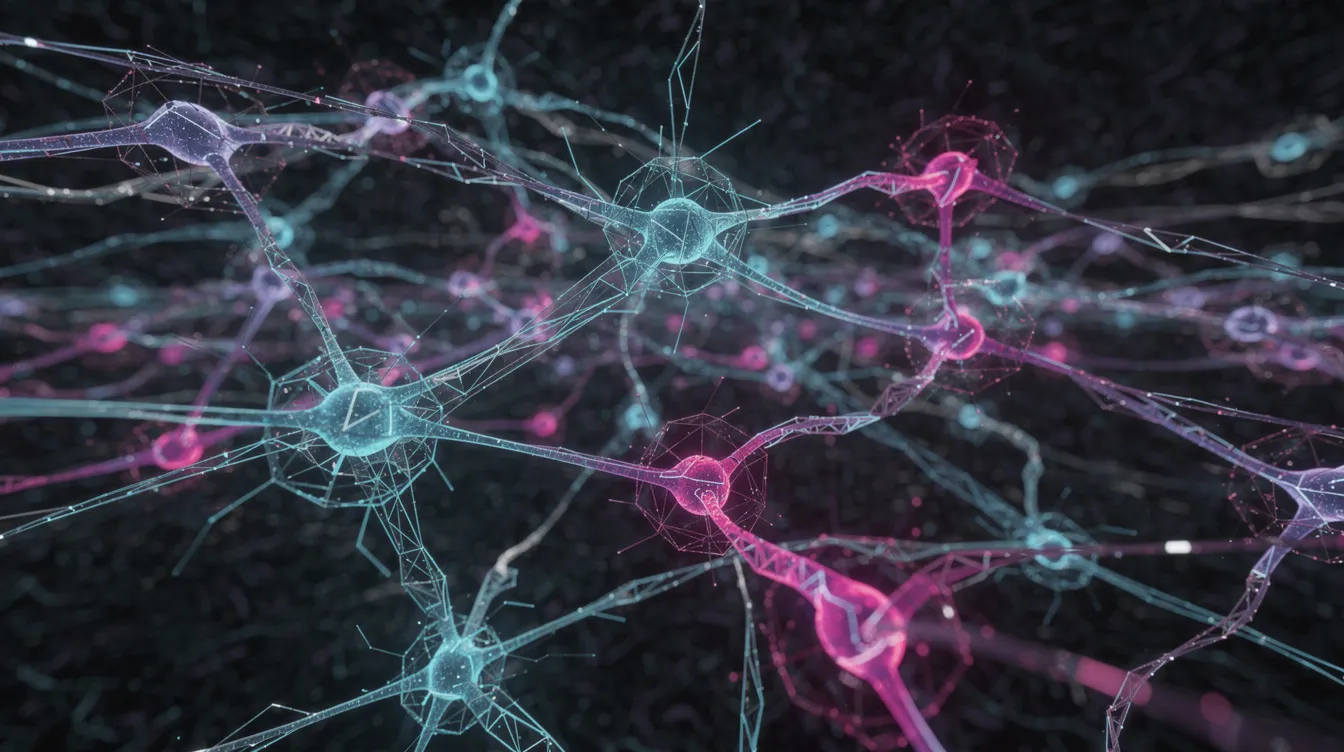 The image showcases an abstract representation of artificial intelligence, featuring glowing neural network connections that symbolize data analysis and machine learning algorithms. This visual emphasizes the intricate patterns of data integration and exploration, highlighting the role of data analysts and scientists in transforming raw data into valuable insights.