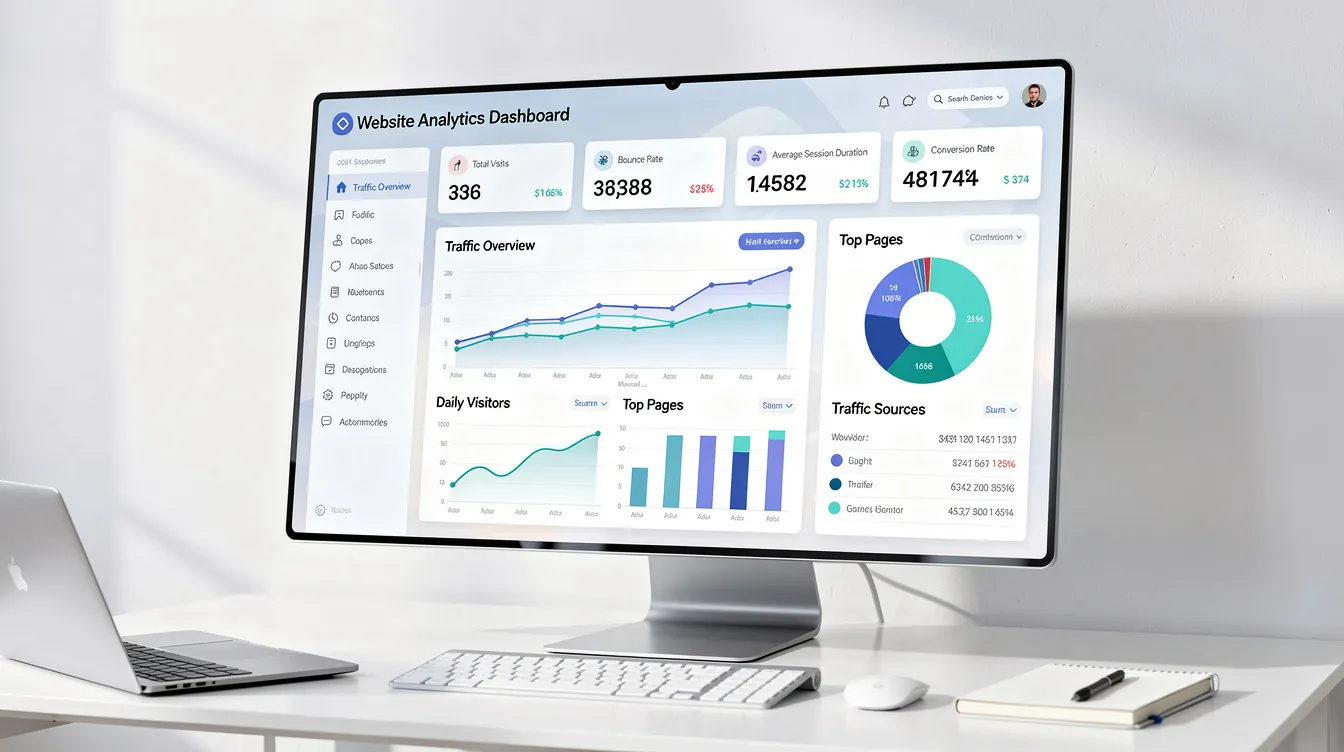 The image depicts a data analytics dashboard showcasing website analytics, featuring interactive visualizations and graphs that represent key metrics such as traffic sources, user engagement, and conversion rates. This dashboard serves as a powerful data analysis tool for data analysts and data scientists to explore data and gain actionable insights from raw data.
