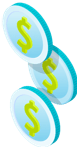 three coins with a dollar sign on them are floating in the air .