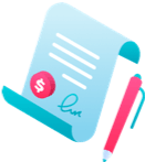 a cartoon illustration of a signed contract with a pen .