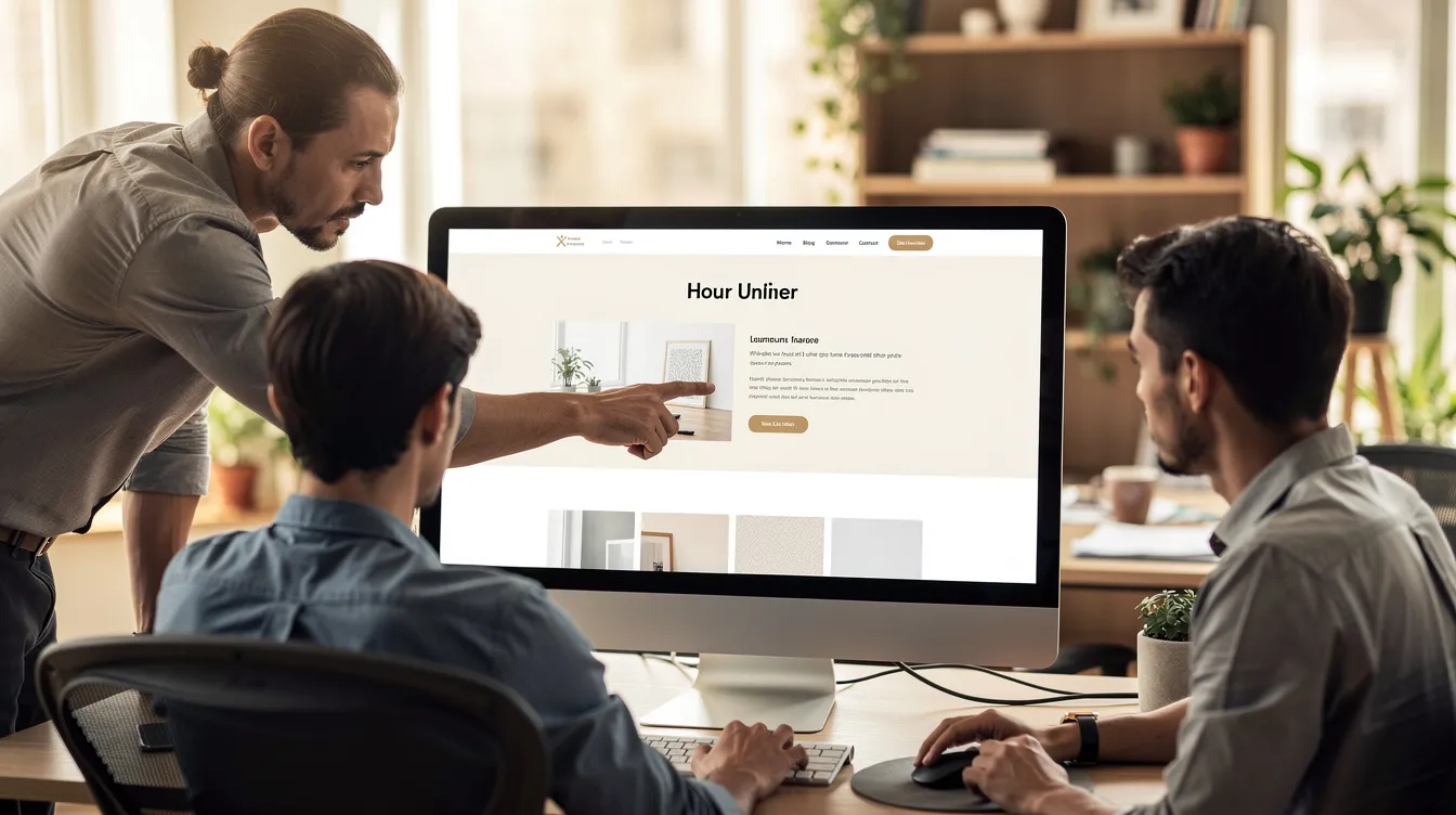 A small team is gathered around a large desktop screen, actively reviewing a well-designed website layout intended for small business owners. The scene highlights collaboration in creating an effective online presence, showcasing elements like user-friendly design and marketing tools that enhance business websites.