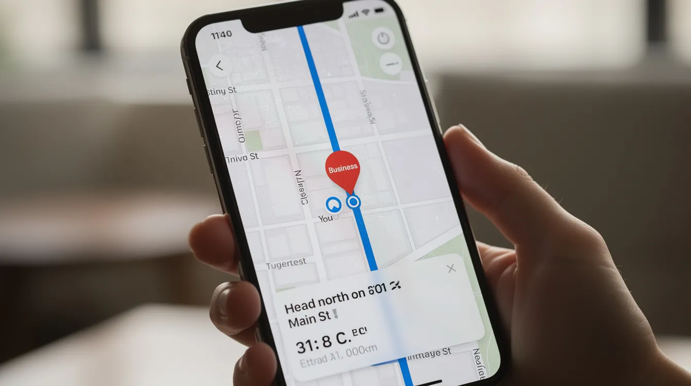 The image shows a smartphone screen with a map application open, highlighting a specific business location along with driving directions. This visual aids local searches by providing essential information for users seeking local businesses and their services.
