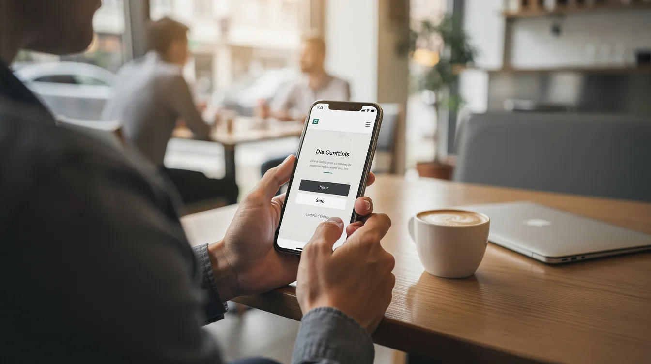 A person is sitting at a cafe, scrolling through a clean and user-friendly mobile website on their smartphone. The image highlights the importance of responsive web design in today's digital world, showcasing how effective online presence can engage potential customers for startup businesses.