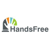 HandsFree logo: Hand reaching towards a colorful arched sun. Gray pedestal below. Text: HandsFree.
