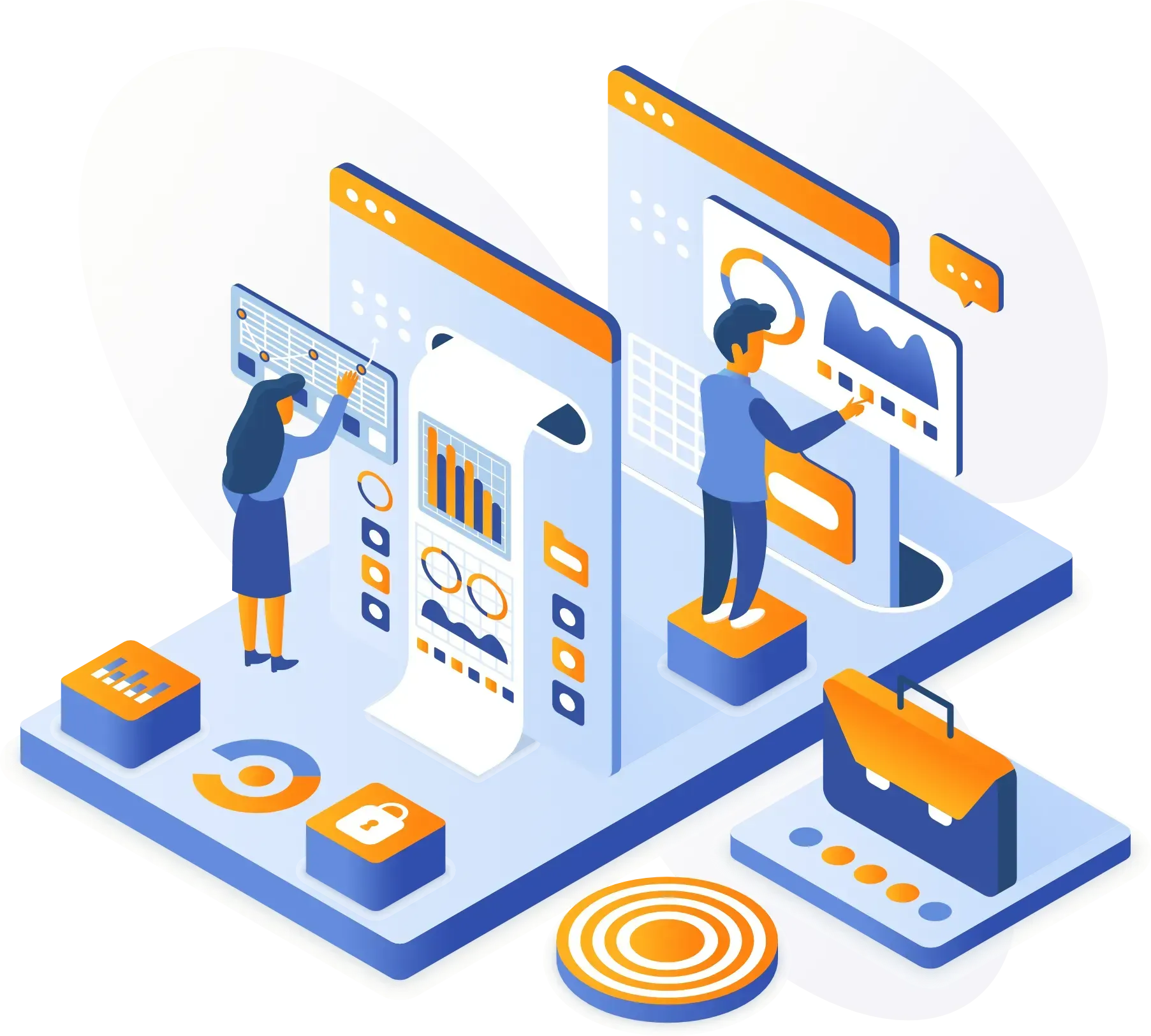 Isometric illustration of people analyzing data on computer screens.