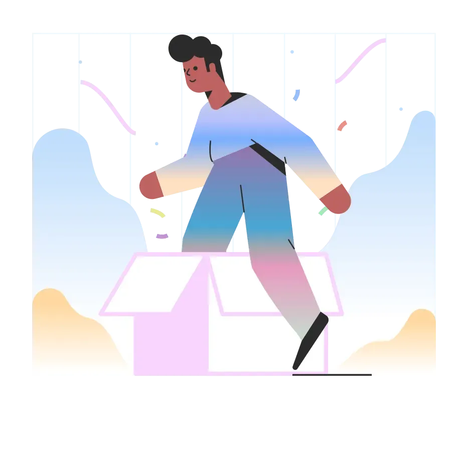 Man stepping out of a box, celebratory confetti, colorful abstract background.