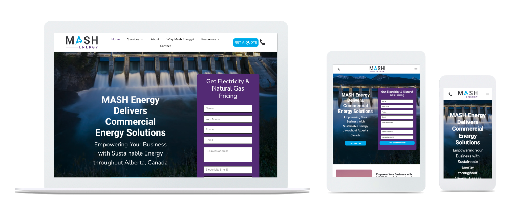 A laptop , tablet , and cell phone showing a mash energy website.