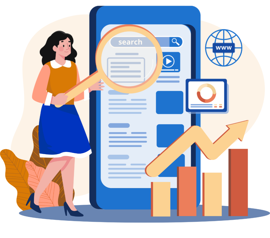 Woman with magnifying glass examining a phone screen with search bar. Data visualization, globe, and growing chart present.