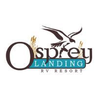 Logo for Osprey Landing RV Resort: Brown osprey, name over blue bar, reeds.