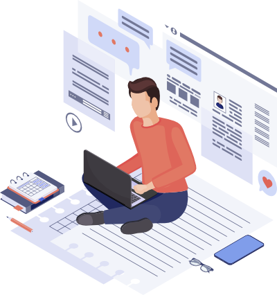 Person sitting cross-legged with laptop, surrounded by papers, speech bubbles, and a calendar.
