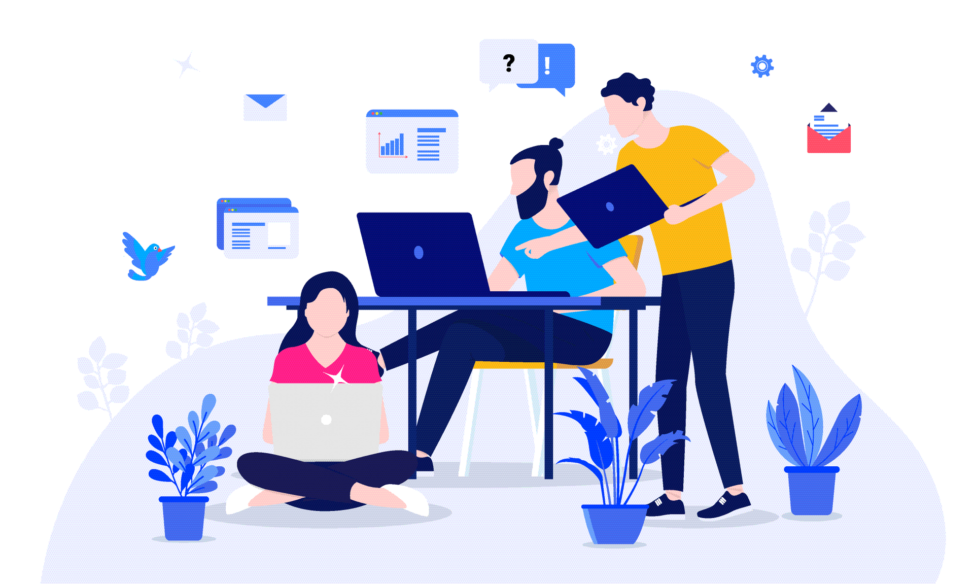 Three people collaborating on computers in a bright office setting with potted plants and floating icons.