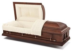 Wooden casket with a cream-colored upholstered lid and interior lining