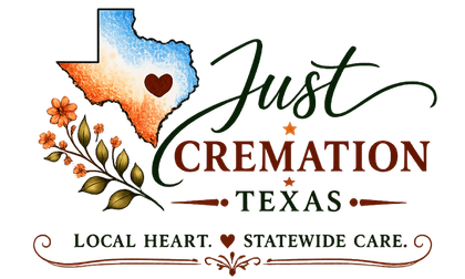 Just Cremation Texas logo with Texas outline, leaves, and “Local heart. Statewide care.”