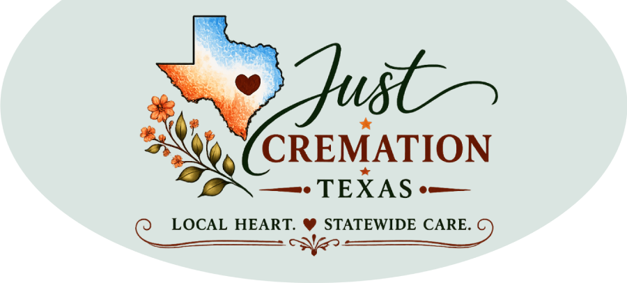Just Cremation Texas logo with Texas outline, blue water, orange flowers, and “Local heart, statewide care”