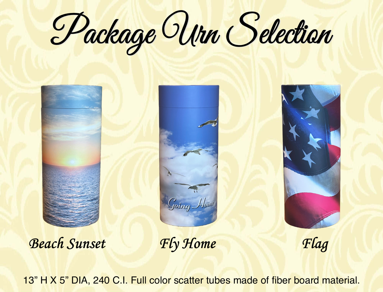 Package urn selection with Beach Sunset, Fly Home, and Flag design options