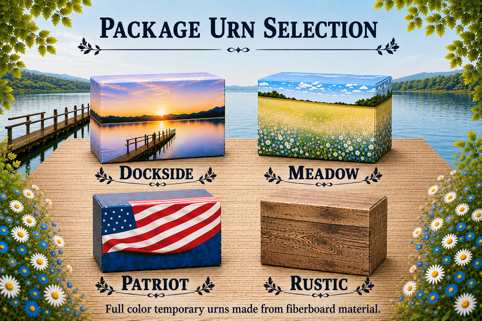 Package urn selection with Dockside , Meadow, Patriot, and Rustic design options.