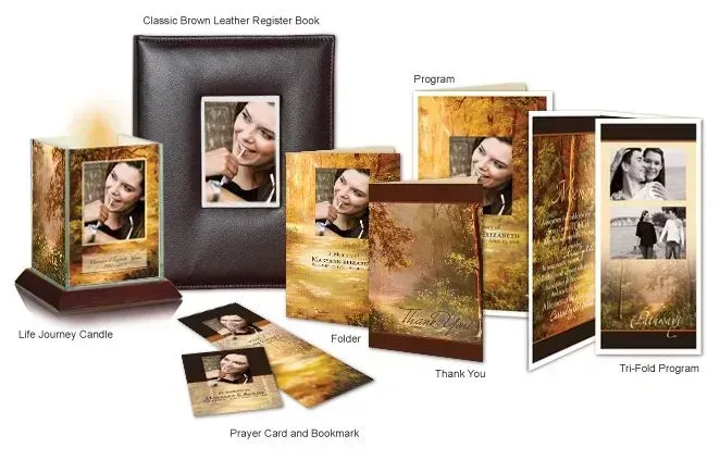 Assorted brown leather funeral memorial keepsakes and prayer cards with portrait photos