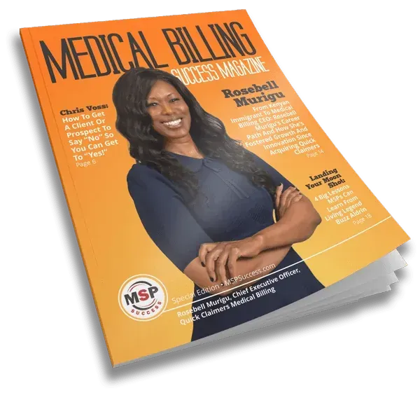 Orange medical billing magazine cover featuring a smiling black woman, Rosebell Murigu