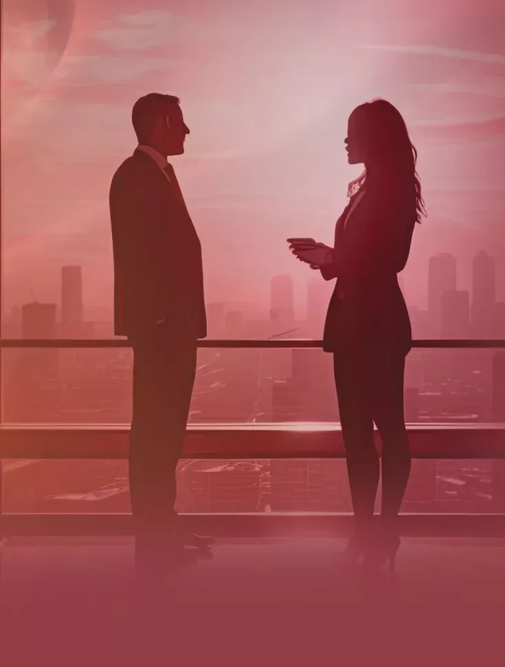 Two people face each other in silhouette on a balcony, with a pink city skyline behind them.