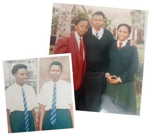 Two school photos of students in uniforms, one formal portrait and one standing together outdoors with Rosebell Murigu.
