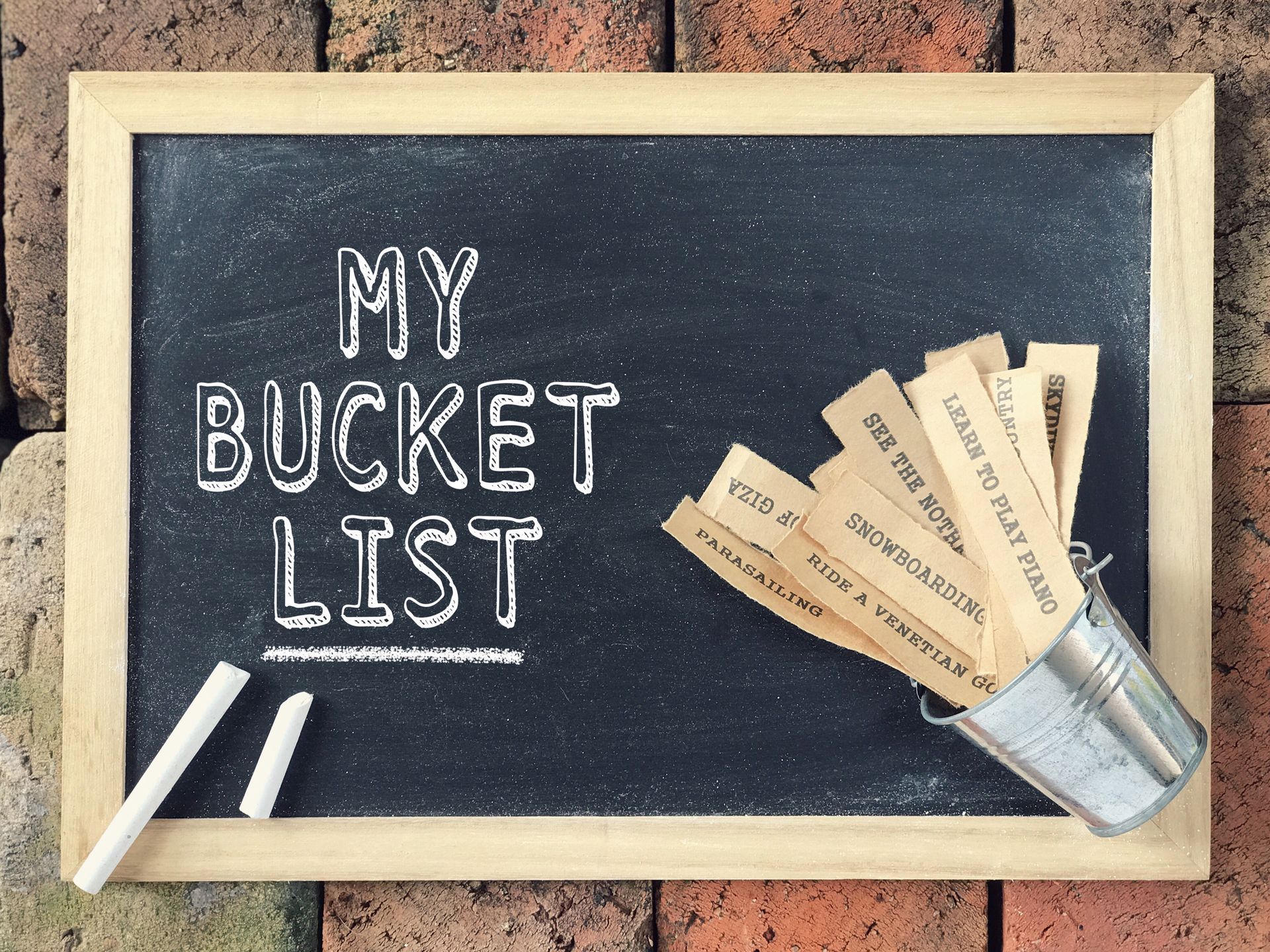 a chalkboard with the words my bucket list written on it