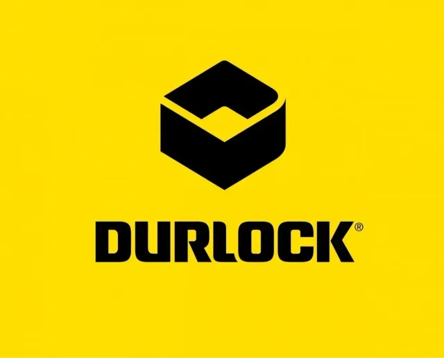 Un logotipo negro y amarillo para durlock sobre un fondo amarillo.
