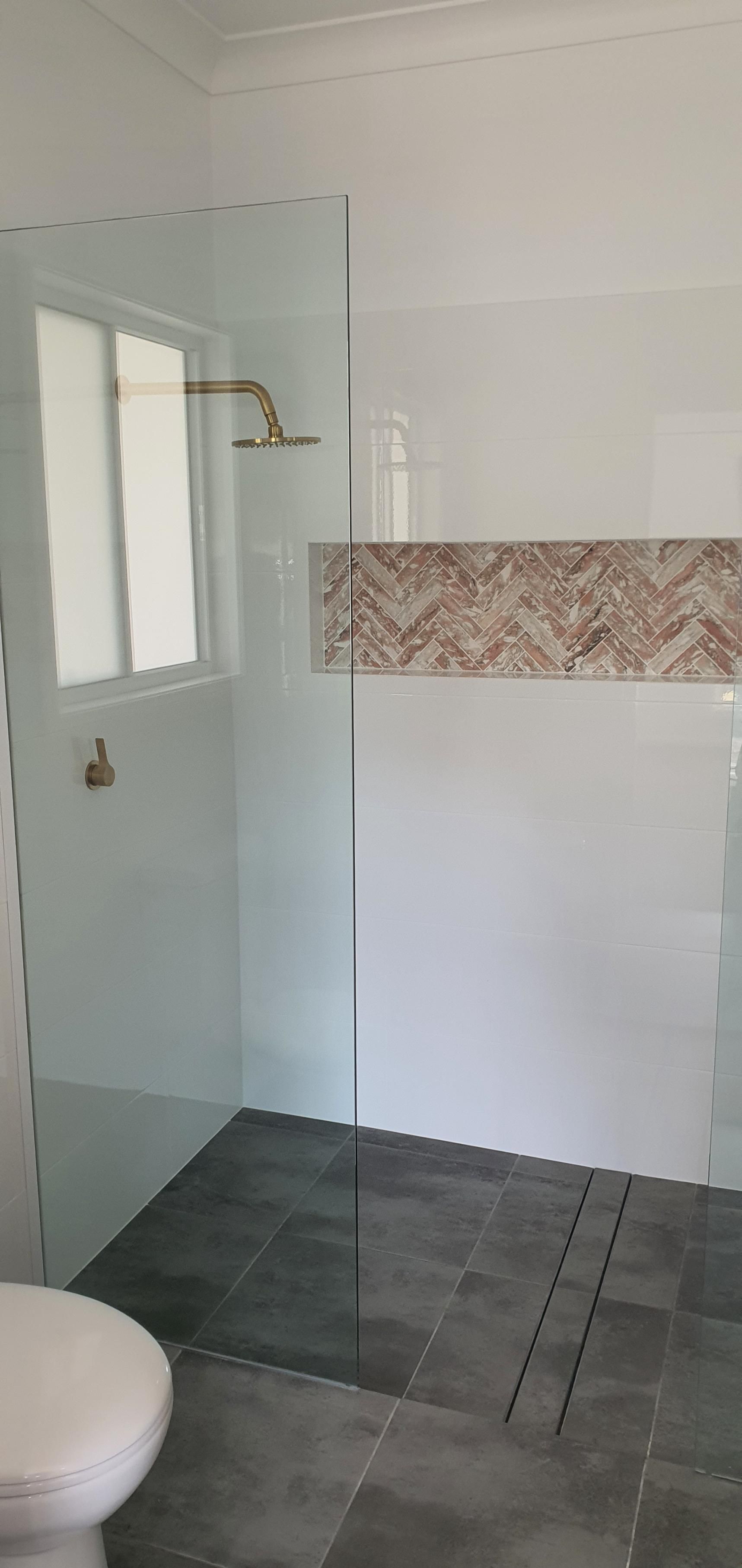 A Bathroom With a Toilet and a Walk in Shower — Kareela Constructions In Tamworth, NSW