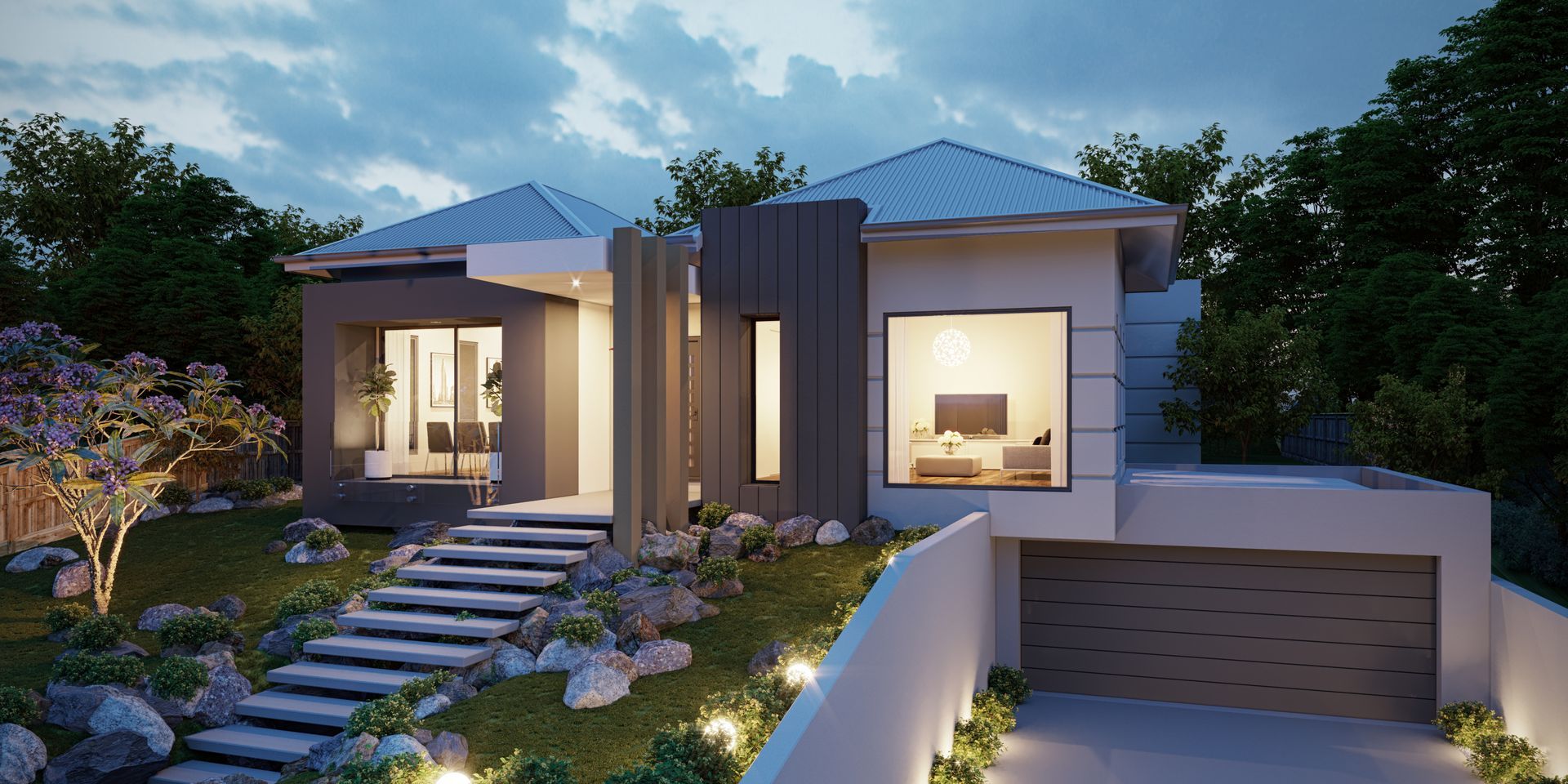 A Modern House With Stairs Leading Up to It is Sitting on Top of a Hill — Kareela Constructions In Hillvue, NSW
