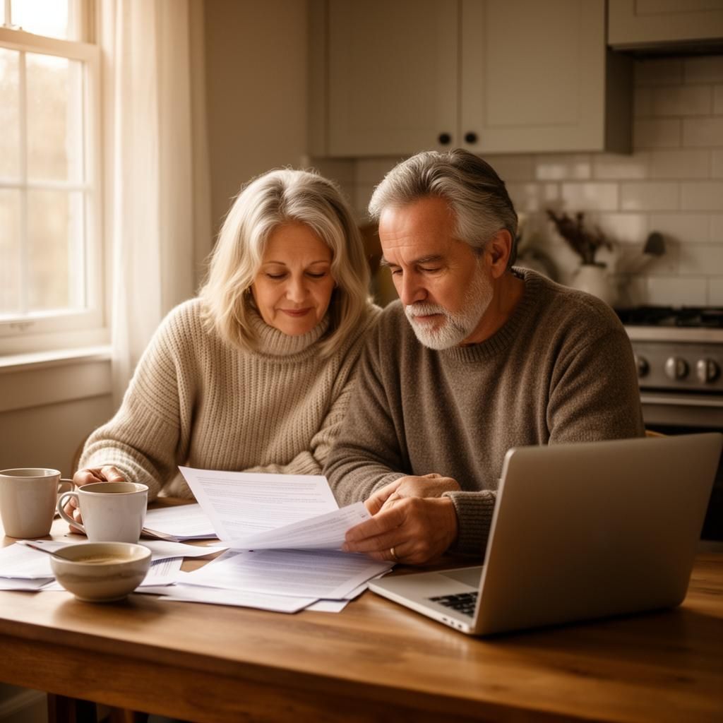 Two people review papers at a kitchen table beside a laptop and coffee cups.