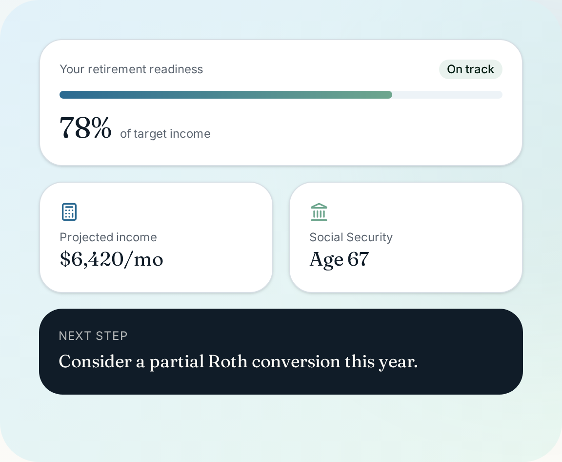 Dashboard card showing projected income, Social Security age 67, and a Roth conversion tip