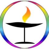 A chalice with a flame, encircled by a rainbow-colored ring.