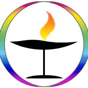 A chalice with a flame, encircled by a rainbow-colored ring.