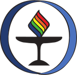 Rainbow flame above a chalice, within a blue-ringed 
