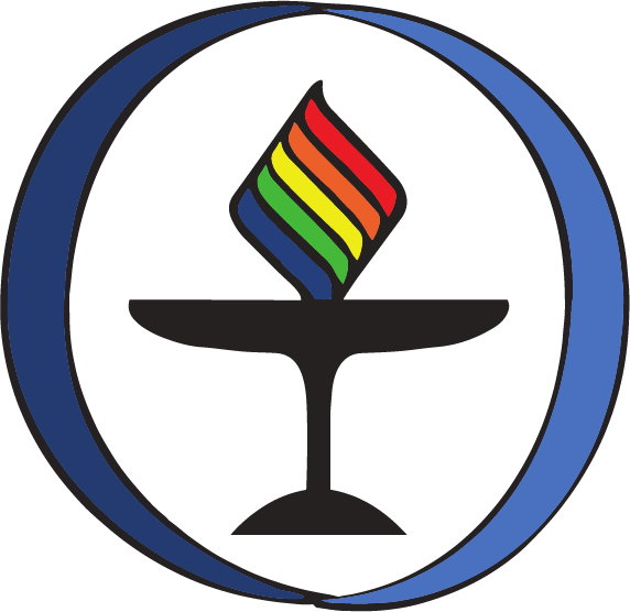 Rainbow flame above a chalice, within a blue-ringed