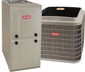 A bryant air conditioner is next to a bryant furnace
