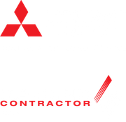 A red and white logo for mitsubishi contractors