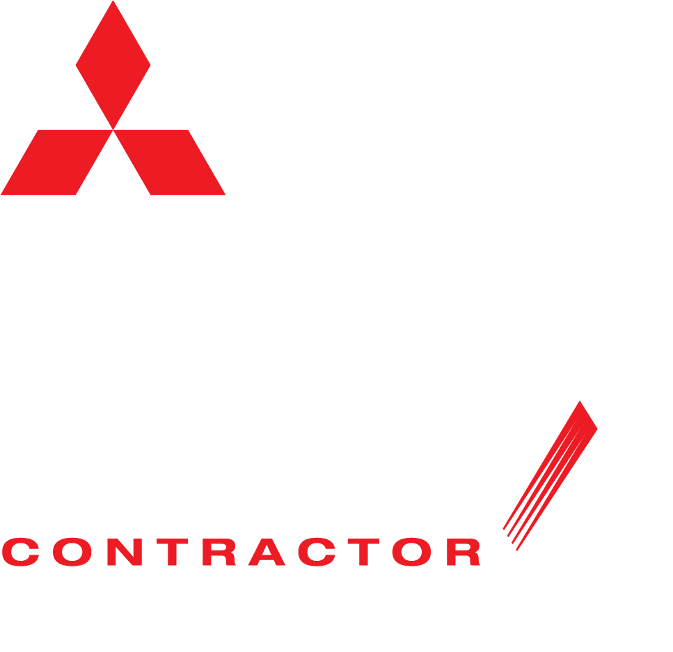 A red and white logo for mitsubishi contractors
