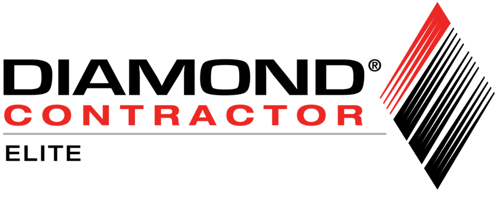 The logo for diamond contractor elite is black and red.