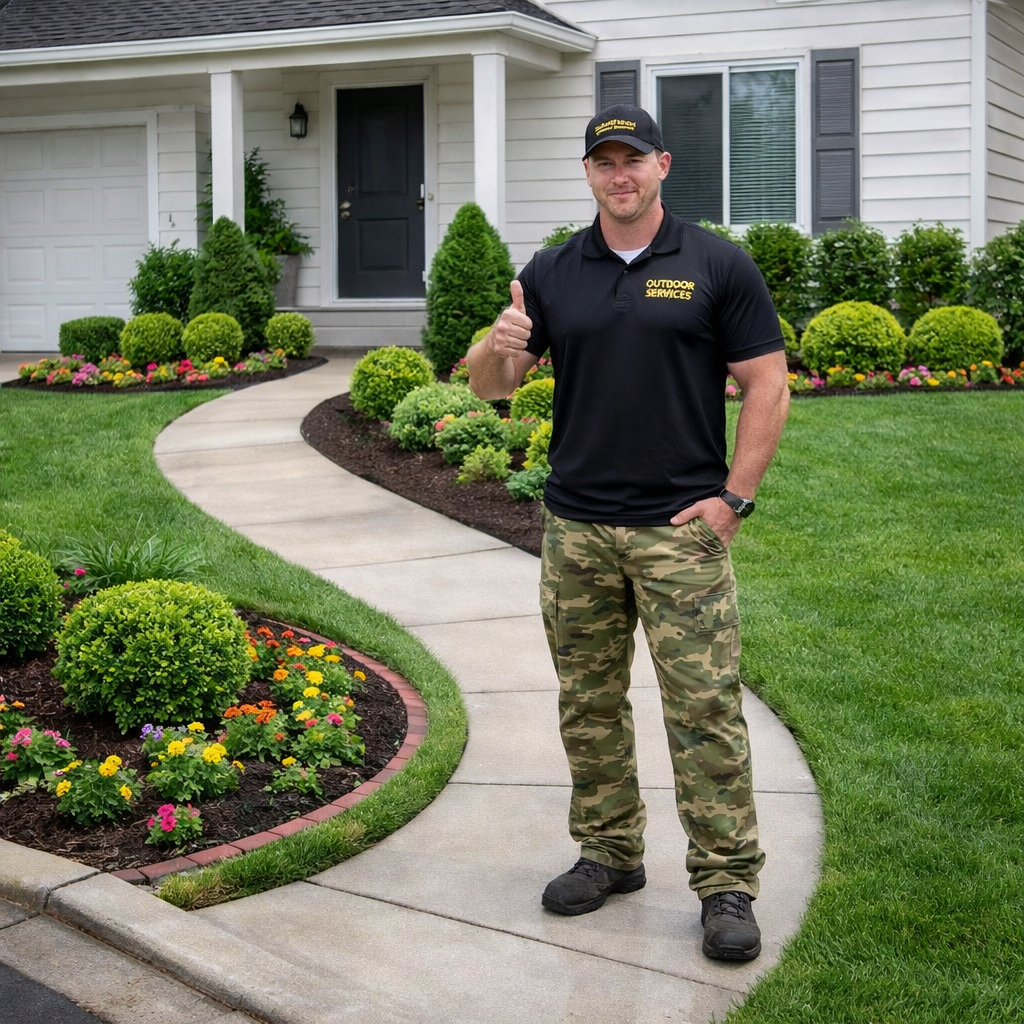 A person in a black polo and camouflage pants stands on a residential sidewalk, giving a thumbs up in front of a house.
